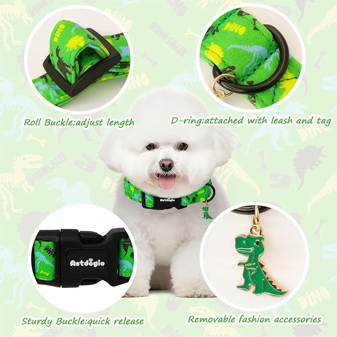 Medium Dog Collars for Male Dogs, Boy Dog Collars with Dinosaur Pattern，Adjustable Cotton Green Collar for Puppy Dog，Ideal, Daily Photos & Pet Fashion Accessory