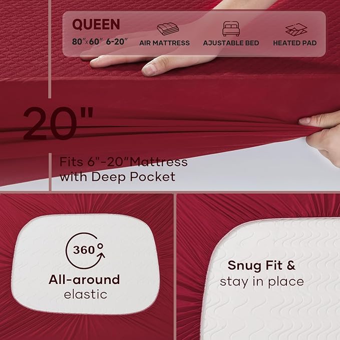 OhGeni 100% Waterproof Mattress Protector,Queen Size Mattress Soft Pad,Pet Hair & Bedwetting Resistant,Cooling Breathable Fitted Sheets,Washable Bed Cover,Non-Slip Deep Pocket,Noiseless,Red