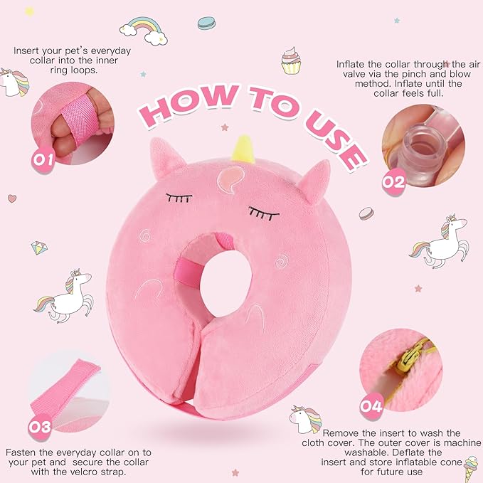 IEUUMLER Inflatable Recovery Dog Collar, Protective Donut Cone, Adjustable Soft Collar for Dog and Cat After Surgery Prevent from Biting & Scratching EU002 - Unicorn M