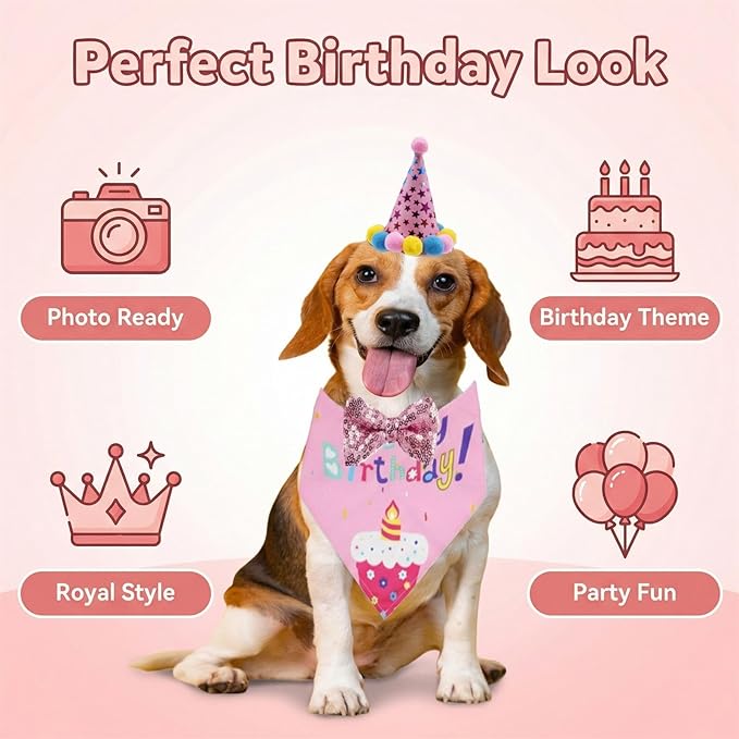 Pet Birthday Party Set with Hat and Bandana for Dogs and Cats with Star Pattern Design, Adjustable Sequin Bow tie Accessories, Pink Birthday Girl Scarf (Pink)