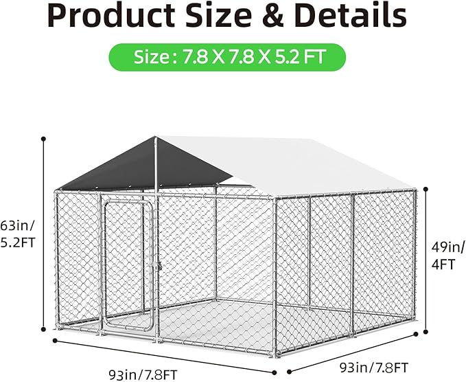 7.8'x7.8' Large Outdoor Dog Kennel, Heavy Duty Dog Enclosure with Roof, Weather Resistant Cover and Security Lock(93"x93")