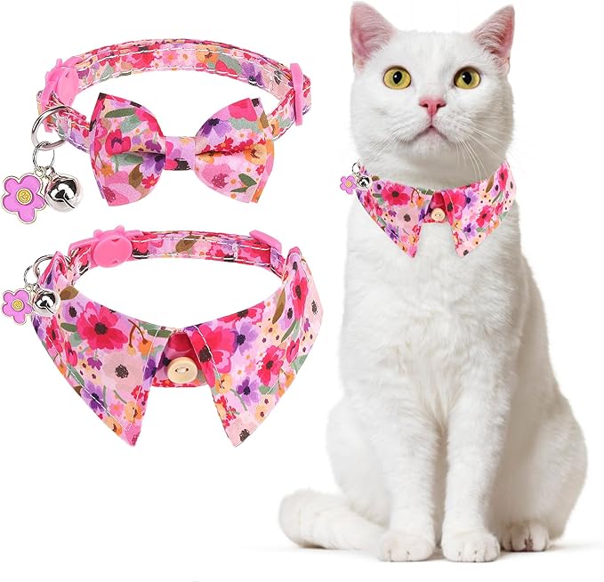 Cat Collar Breakaway with Bells, Pink Cat Bowtie Collar for Girl Cats, Small Cat Collar with Bow for Spring Summer, 2 Pack Soft Cute Floral Kitten Collar with Removable Shirt Collar 8-12Inch
