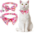 Cat Collar Breakaway with Bells, Pink Cat Bowtie Collar for Girl Cats, Small Cat Collar with Bow for Spring Summer, 2 Pack Soft Cute Floral Kitten Collar with Removable Shirt Collar 8-12Inch