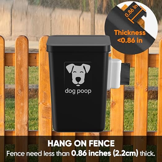 Dog Poop Trash Can Outside, 3.1 Gallon Dog Waste Trash Can with Trash Bag Dispenser, Outdoor Dog Poop Trash Can with Lid, Black Hanging Trash Can for Fence, Garbage, Outdoors, Counter Top