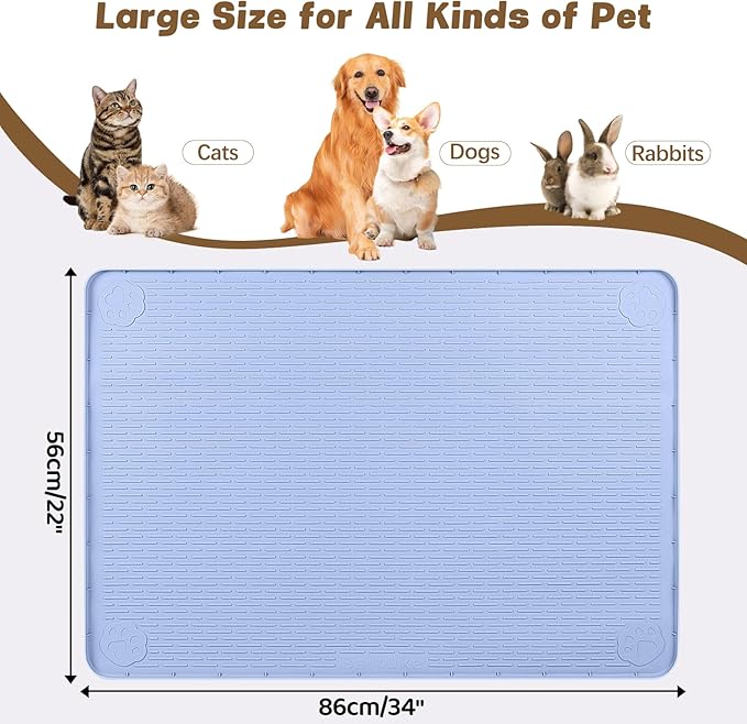 Cat Food Mat, 34" x 22" Large Silicone Pet Feeding Mat for Food and Water Bowls Non-Slip, Easy to Clean (Blue)
