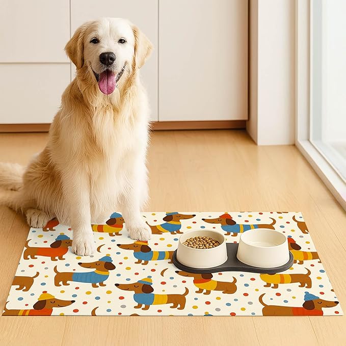 Adorable Dachshund Puppy Pet Food Mat with Colorful Polka Dot Pattern Pet Bowl Mat for Dogs and Cats Non Slip Feeding Mats Easy Clean Fast Dry Cat and Dog Feedings Mats 20" x 12"