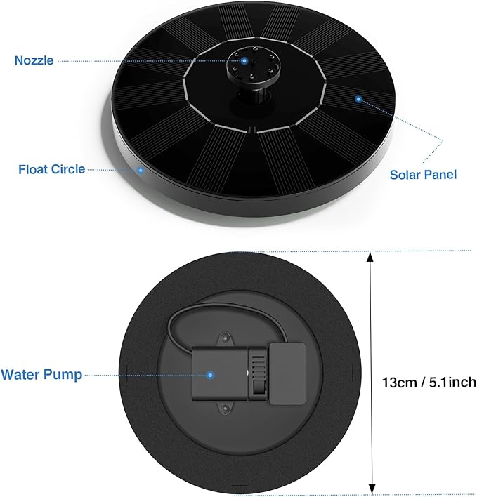 Solar Fountain, Floating Solar Powered Water Fountain Pump for Bird Bath, Garden, Pond, Pool, Outdoor (1W)