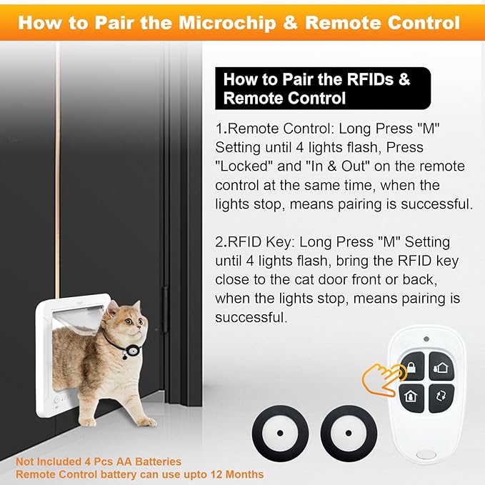 Smart Cat Door with 3 Collar Sensor, RFID Cat Door Collar Activated with Remote Control, 4 Way Locking Cat Flap Automatic Pet Door (ID Tags 2Pack)
