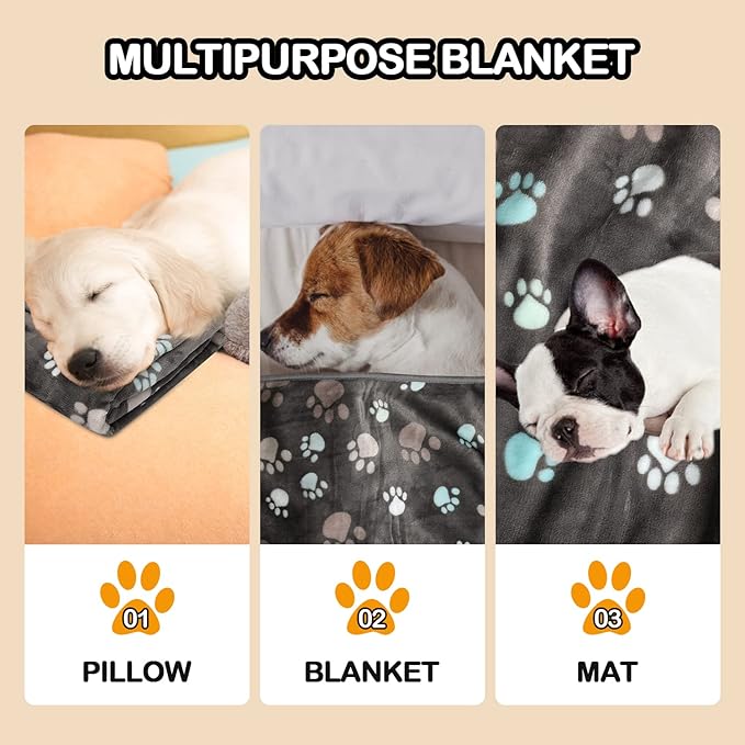 Rezutan Dog Blankets for Medium Dogs, Upgraded 3 Pack Dog Cat Blanket Washable, Soft Pet Mat Throw Cover Suitable for Kennel Crate Bed, Cute Paw Pattern, 30"x20", Grey