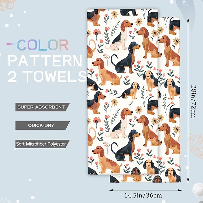 Cute Dachshund Hand Towels - 2 Pack,14.5" X 28",Soft Microfiber Polyester Cartoon Towel Set with Weiner Dog-Lover & Floral Pattern,for Rustic Bathroom Kitchen Spa Hotel Decor Gifts Women Girls