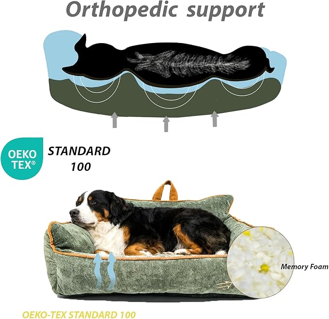 Orthopedic Dog Bed with Memory Foam, Washable Plush Pet Bed for Small, Medium & Large Dogs, Cozy Bolster Crate Dog Bed for Joint Support & Comfort.(Green)