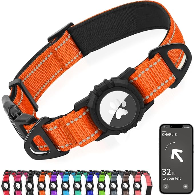 Joytale Airtag Dog Collar, Reflective Pet Collar with Waterproof AirTag Holder, Dual D-Rings, Soft Padded Adjustable for Small Dogs, Orange, S