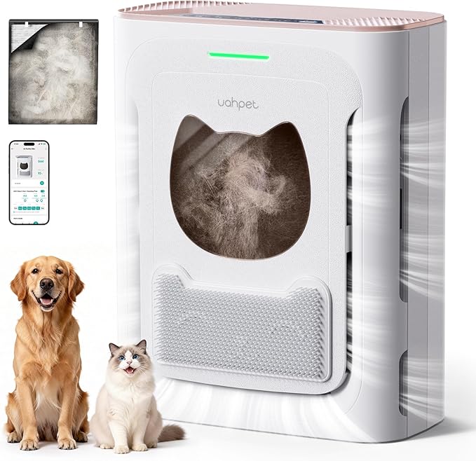 uahpet Pet Air Purifier for Home, Reduce Pet Hair, Dander, Odors, Dust, Smoke for Large Rooms up to 2100 Ft², Air Cleaner with H13 HEPA, Washable Pre-Filter & Air Quality Monitor, White+Pink