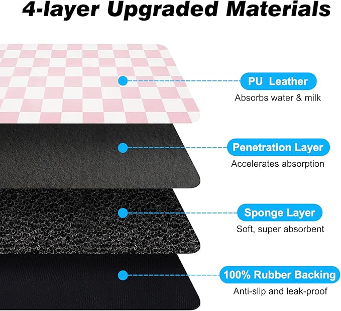 Checkered Dog Food Mat, Absorbent Leak-Proof Pet Feeding Mat, Quick Dry Cat Food Mat for Messy Drinkers 12" x 20" Pink