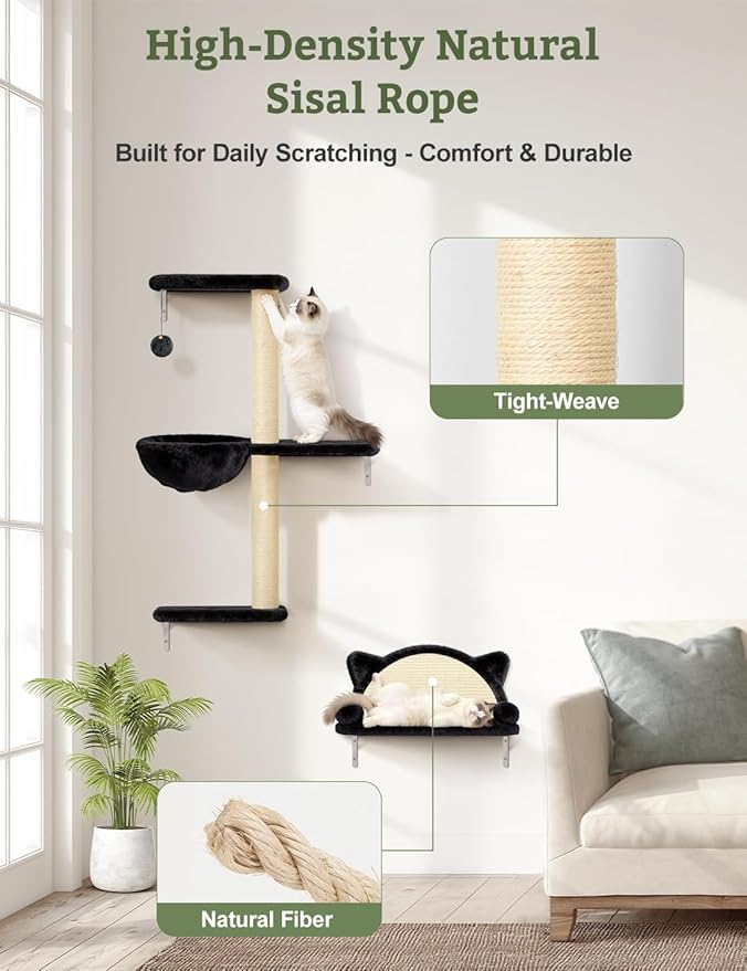 5-in-1 Cat Wall Shelves, Solid Wood & Velvet & Sisal Scratcher, 44lbs Max Load, Wall Mounted Cat Furniture for Climbers, Cat Climbing Wall System, Fits Drywall & Solid Walls - Black