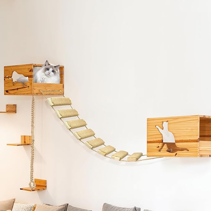 Multi-Functional Cat Ladder & Bridge - Sisal Rope Climbing Frame Wall Furniture for Indoor/Outdoor Cats, Cage Accessories, Parrots, Small Pets (Wood Tone)