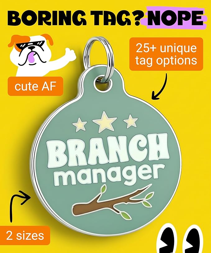 Bad Tags Personalized Dog and Cat ID Tags in 25+ Designs and 2 Sizes - 5 Lines of Custom Engraved Text - Funny Cute Personalized Pet Tags (Branch Manager, Large (1.25 inch))