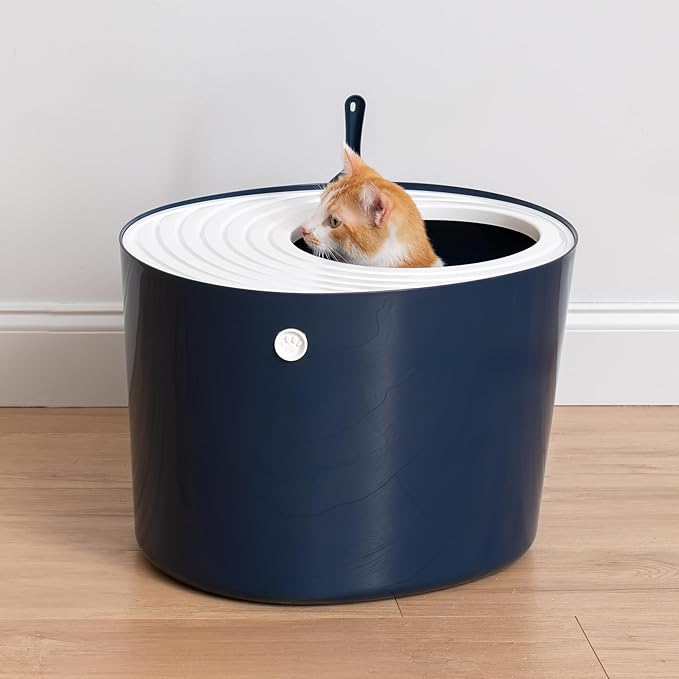 IRIS USA Cat Litter Box, Large Top Entry with Litter Catching Lid and Scoop, Dog Proof, Cat Box Enclosure, Navy/White