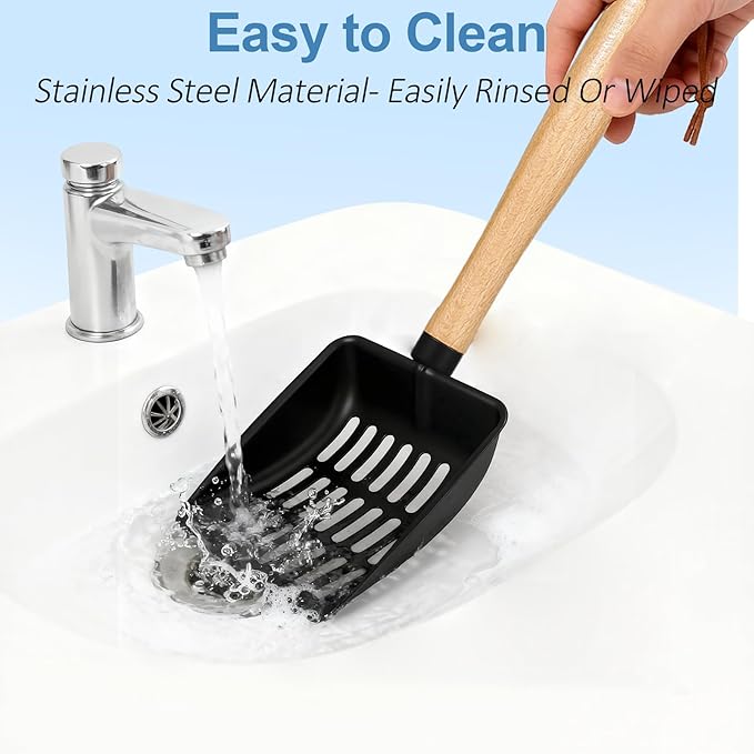 Cat Litter Scoop, Metal Litter Scoop, Heavy Duty Metal Cat Scooper for Litter Box, Black Sifter Scoop for Pellets, Wooden Handle Scoop with Hole, Kitty Necessity (9.8" Handle)