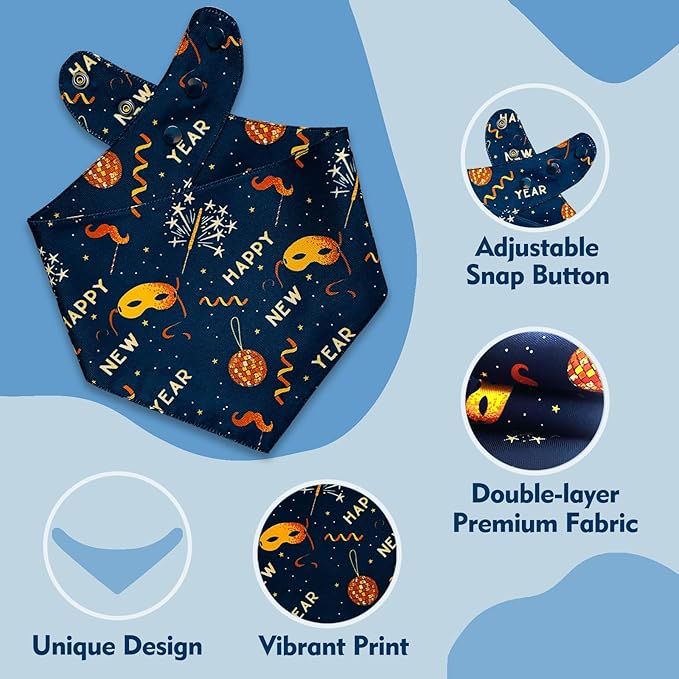 Happy New Year Dog Bandanas with Snap Button, 2 Pack Adjustable Bandanas for Small, Medium, and Large Dogs, Pet Scarf for Holiday Costume Accessory & Photo Shoot (X-Large)