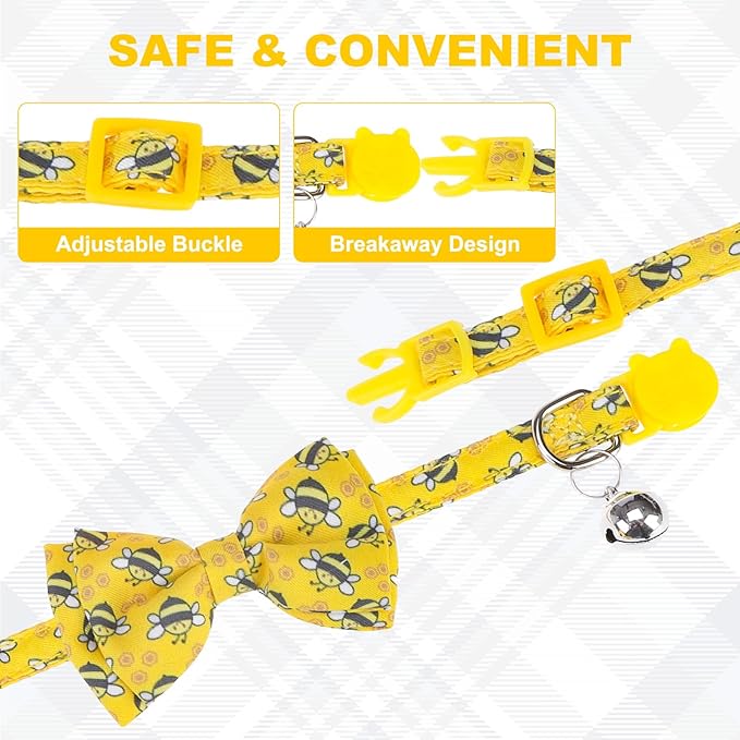 Breakaway Cat Collars with Bell & Cute Pendants - 3 Pack Adjustable Safety Kitten Collars - Decoration for Girl Boy Cats Puppy and Small Pets (Style C - Bee)