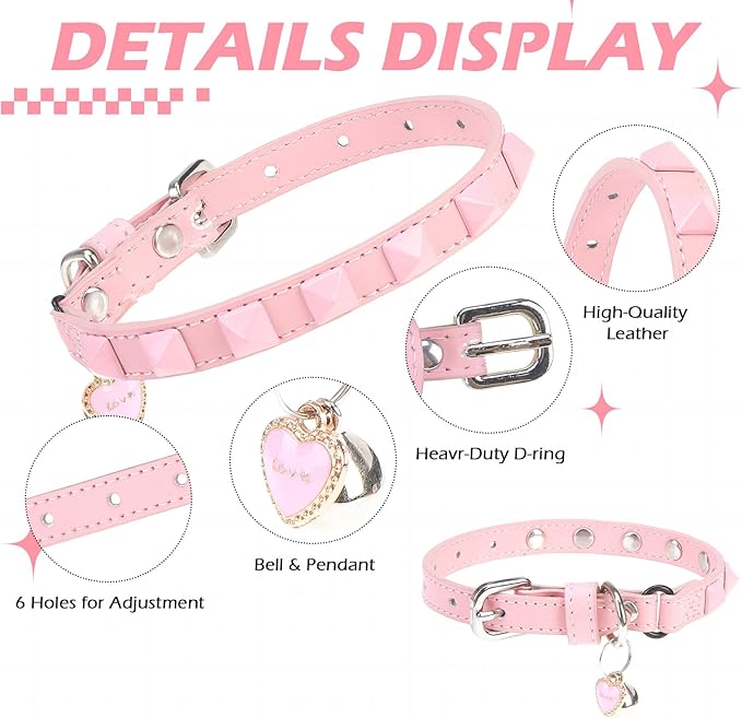 EXPAWLORER Halloween Leather Cat Collar - Adjustable Pet Collar with Rivet Spike for Girl Boy Cats, Punk Accessories with Bell & Durable D-Ring,Pink Square Nails