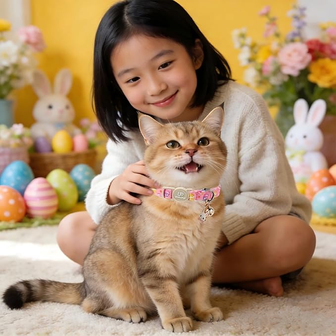 Cat Collar,2Pack Easter Day Cat Collars Cute Breakaway Kitty Collars,Spring Pink Easter Eggs Cat Collar with Bell, Cute Bunny Kitten Collars with Safety Buckle for Girl & Boy Cats