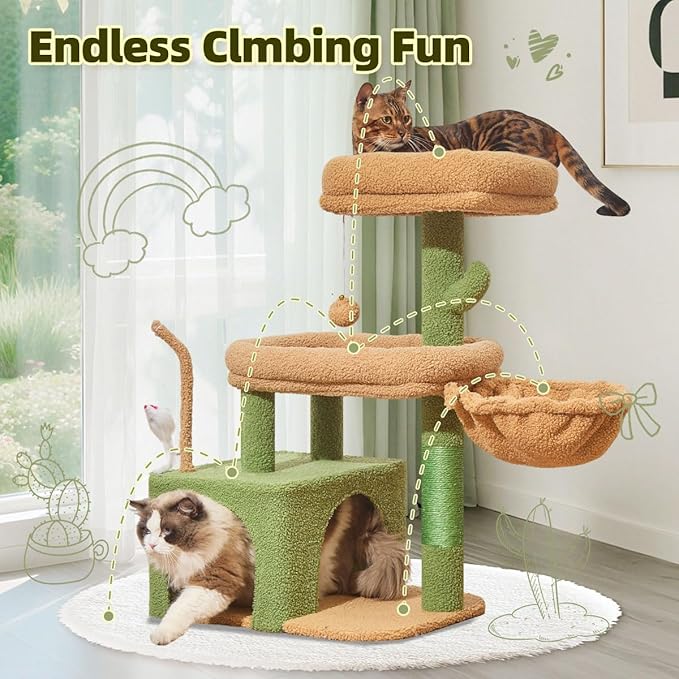 Taoqimiao MS043T Cat Tree, 32.2-Inch Cat Tower for Indoors Cats, Cat Condo with Large Cat Perch, Spacious Cat Cave, Scratching Posts for Small and Medium Cats, Cactus