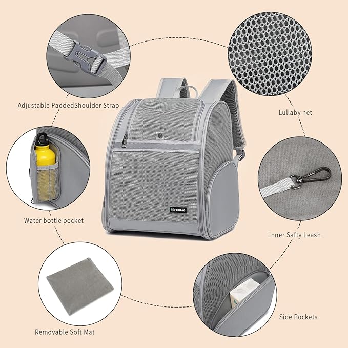 Cat Backpack Carrier for Small Dogs and Medium cat Puppy Kitten Bunny Pet Carrier Backpack Collapsible with Fully Ventilated Mesh with Safety Leash (Gray, 12.9" L x 10.62" W x 15.5" H - M)