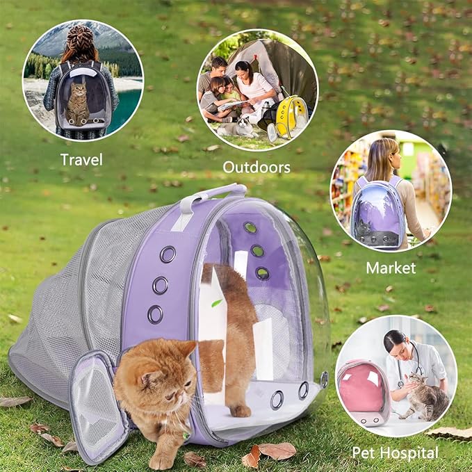 Cat Backpack Carrier Back Expandable Bubble Pet Carrier Backpack for Large Cat, Kitten and Dog, Designed for Hiking, Travelling and Outdoor Use (Back Expandable-Purple)