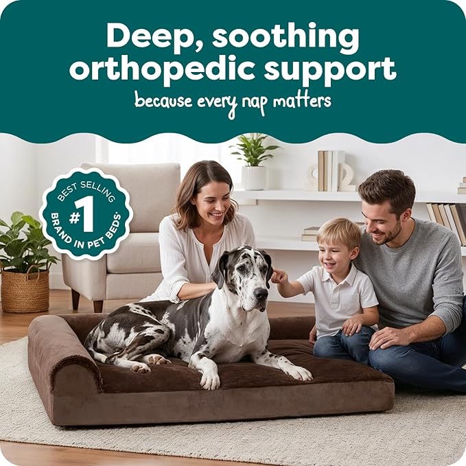 Furhaven Orthopedic Dog Bed for Large Dogs w/ Removable Bolsters & Washable Cover, For Dogs Up to 125 lbs - Plush & Velvet L Shaped Chaise - Sable Brown, Jumbo Plus/XXL