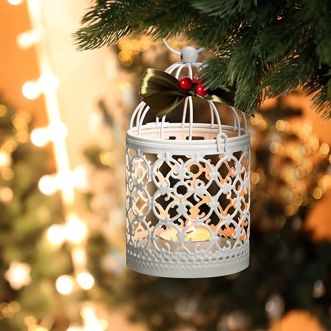 12 Pack Small Metal Tealight Hanging Birdcage Lantern Vintage Decorative Centerpieces Table Top Candle Holder Candle Lantern for Wedding Gifts Home Dinner Party Christmas (White)