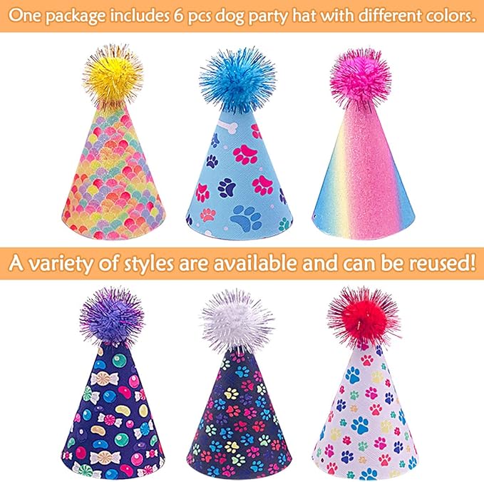 6pcs/Pack Dog Birthday Hat Party Hats Supplies for Small Medium Doggie Puppies Cat Kitten Decorations Grooming Accessories