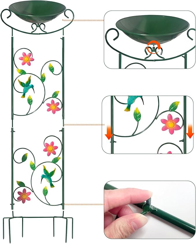 HONGLAND Metal Bird Bath with Trellis, 35" Outdoor Garden Birdbath with Detachable Bowl & Climbing Plant Support, Decorative Bird Feeder Station with Hummingbird for Yard, Patio, Fence