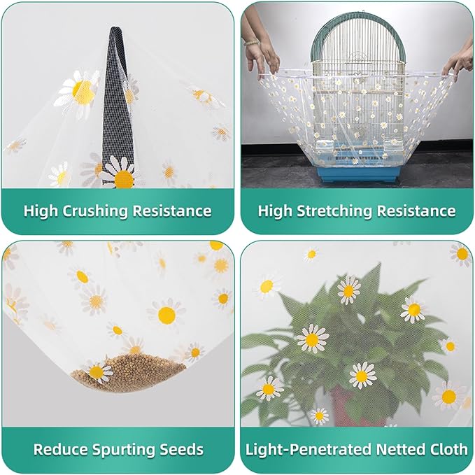 Large Bird Cage Cover, Bird Cage Seed Catcher, Adjustable Soft Airy Nylon Mesh Net, Birdcage Cover Skirt Seed Guard for Parrot Parakeet Macaw African (Daisy-White, 15.7" x118")