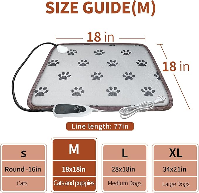 Cat Heating Pad 18x18 in with Smart Thermostat Switch and Power Line Protection Tube,Obtained MET and UL Dual Certification,Waterproof Pet Heating Pad for Cats-Paw Print