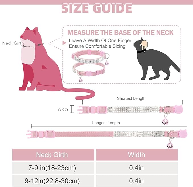 EXPAWLORER Soft Velvet Safe Cat Collars for Girl Cats - Rhinestones Adjustable Collars Breakaway- Chirstmas Cat Clollar Gifts with Bells for Boy Cats Kitty and Small Dogs(XS,Pink)