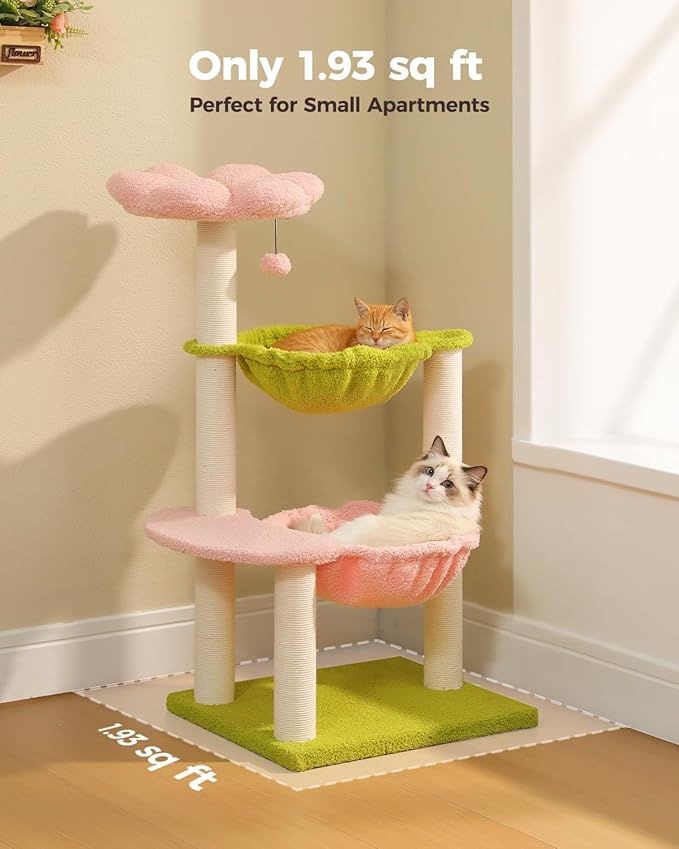 Flower Cat Tree with 2 Large Hammocks, 37.4" Small Cat Tower for Indoor Kitty with 6 Scratching Posts, Cute Cat Tree with Flower Top Perch, Pink
