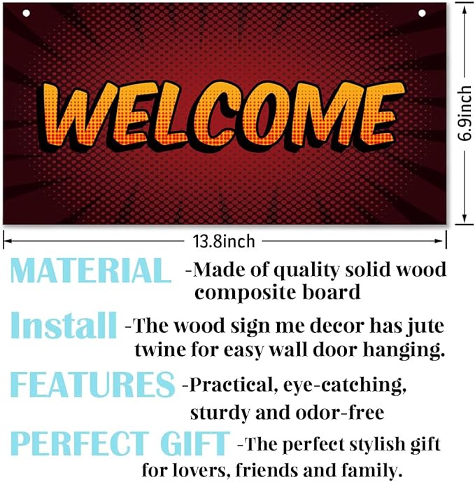 Welcome Sign for Front Door, Front Door Wooden Hanging Sign, Comic Style Welcome Hanging Signs for Wall Decor, Rustic Funny Wooden Playroom Wall Decoration 13.8X6.9 inches