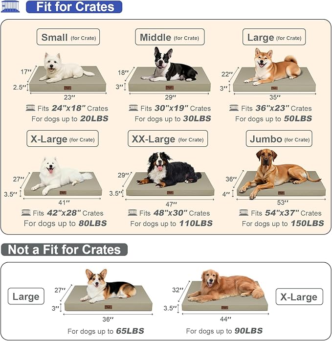 Outdoor Dog Bed for Medium Dogs, Waterproof Dog Crate Mat Orthopedic Egg Crate Foam Pet Bed with Washable Removable Oxford Cover, Khaki