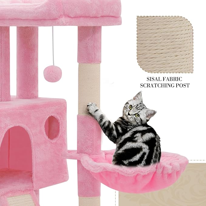 Athena Collection Cat Tree, 36 Inch Tall Cat Tree Tower for Indoor Cats, Multi-Level Cat Tower House Activity Center Climbing Tower with Cat Condo & Hammock & Scratching Post & Dangling Ball, Pink