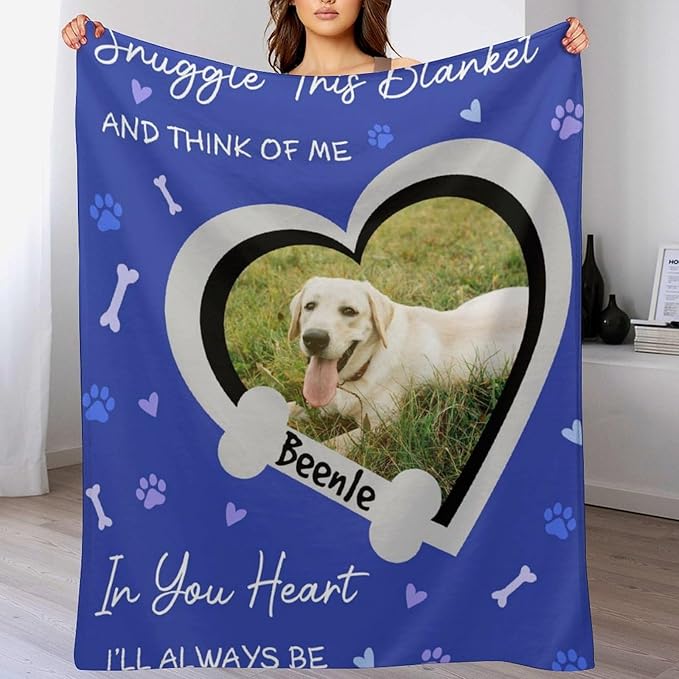 Personalized Paw Print Dog Blanket with Pet Name Face-Custom Puppy Blankets with Picture for Dogs-Customized Dog Memorial Throw Fleece Blanket-Loss of Pets Supplies Sympathy Gift for Bed Sofa Travel