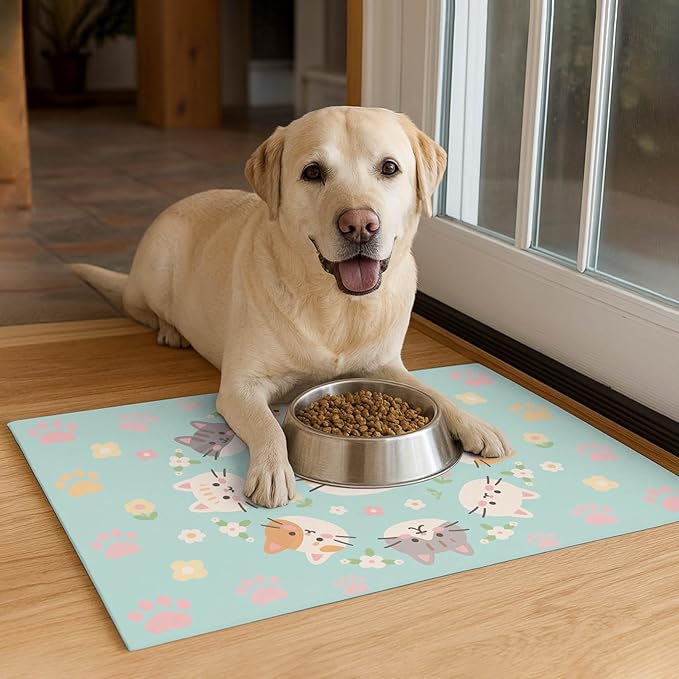 Cat Feeding Mat 24x16 inch Kitten Print Pet Bowl Placemat Non Slip Floor Mat for Food and Water Indoor Kitty Feeding Station Cute Meal Pad for Small Pets Kitchen Use