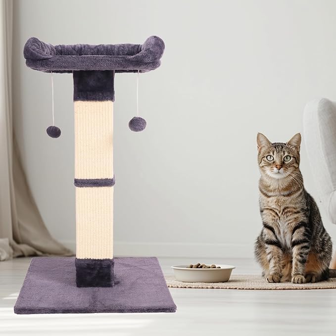 34" Cat Scratching Post for Indoor Cats, Sisal Cat Scratcher with Large Plush Perch, Vertical Posts with Elevated Bed and with Two Dangling Balls, Removable & Washable Cover, Dark Grey