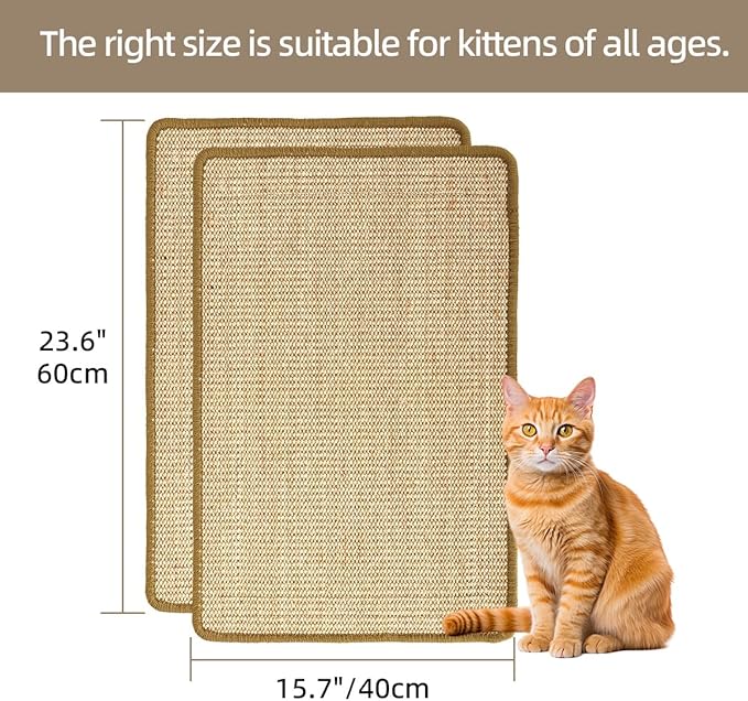 Cat Scratcher Mat [2-Pack], 23.6 X 15.7 Inch, Natural Sisal Cat Scratch Mats, Horizontal Cat Floor Scratching Pad Rug with Sticky Tapes, Protect Couch and Carpets (Natural Color)