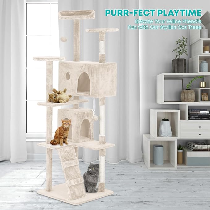 FDW | 70" Cat Tree Tower | Beige | Multi-Level Indoor Activity Center with Sisal Scratching Posts, Condos, Plush Perches, Hanging Cat Toys | Sturdy, Easy to Assemble | for Kittens & Adult Cats