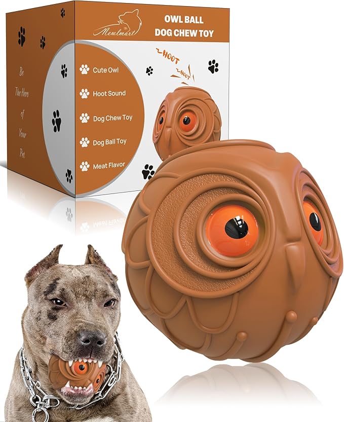 Mewlmart Giggle Ball for Dogs Owl Toys for Aggressive Chewers Dog Ball Toy for Puppy Medium Large Dogs Fun Gift for Dog Natural Rubber Cute Hoot Brown