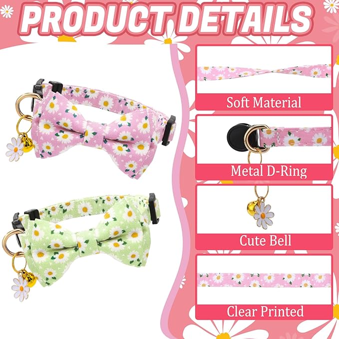 6 Pack Breakaway Cat Collars with Bow Tie and Bell Floral Kitten Cat Collars Adjustable Cat Bowtie Collar with Pendants for Girl Boy Kitten Cats