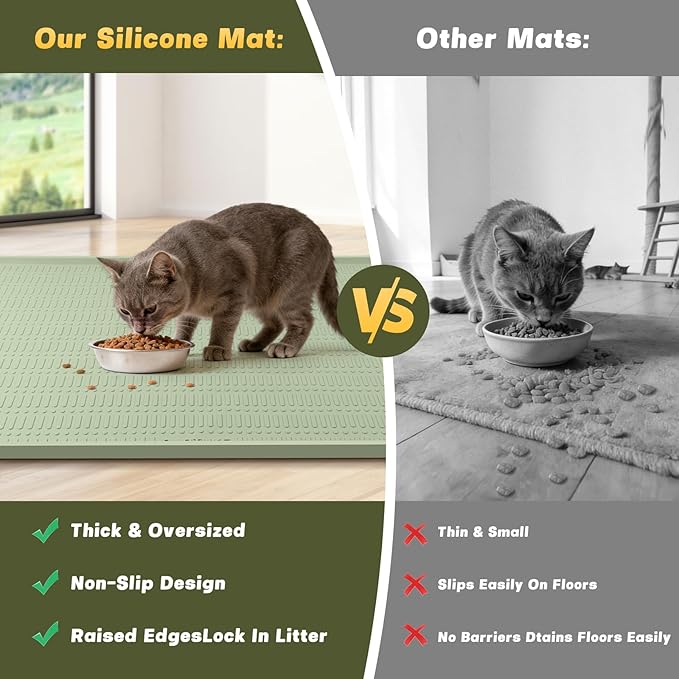 47" x 35" Silicone Cat Food Mat, Waterproof Pet Feeding Mat with Raised Edge, Extra Large Cat Bowl Mat Water Bowl Placemats for Cats, Non-Slip, Protects Floors, Easy to Clean (Light Green)