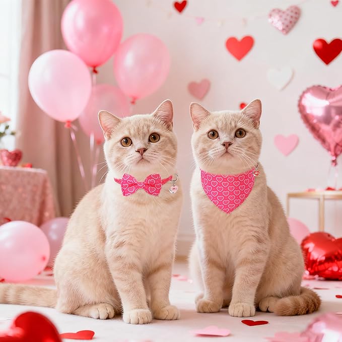 SCENEREAL Valentine's Day Cat Bandana Collars with Bell Bowtie - 2 Pack Breakaway Pink Kitten Collars, Adjustable Cute Love Heart Pet Accessories for Cats Small Dogs